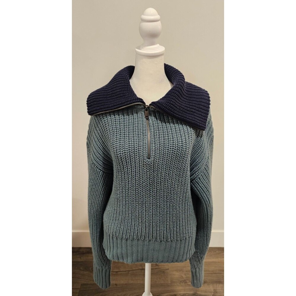 Athleta Women’s Medium Green Cotton Blend Pullover Sweater Half Zip Knit